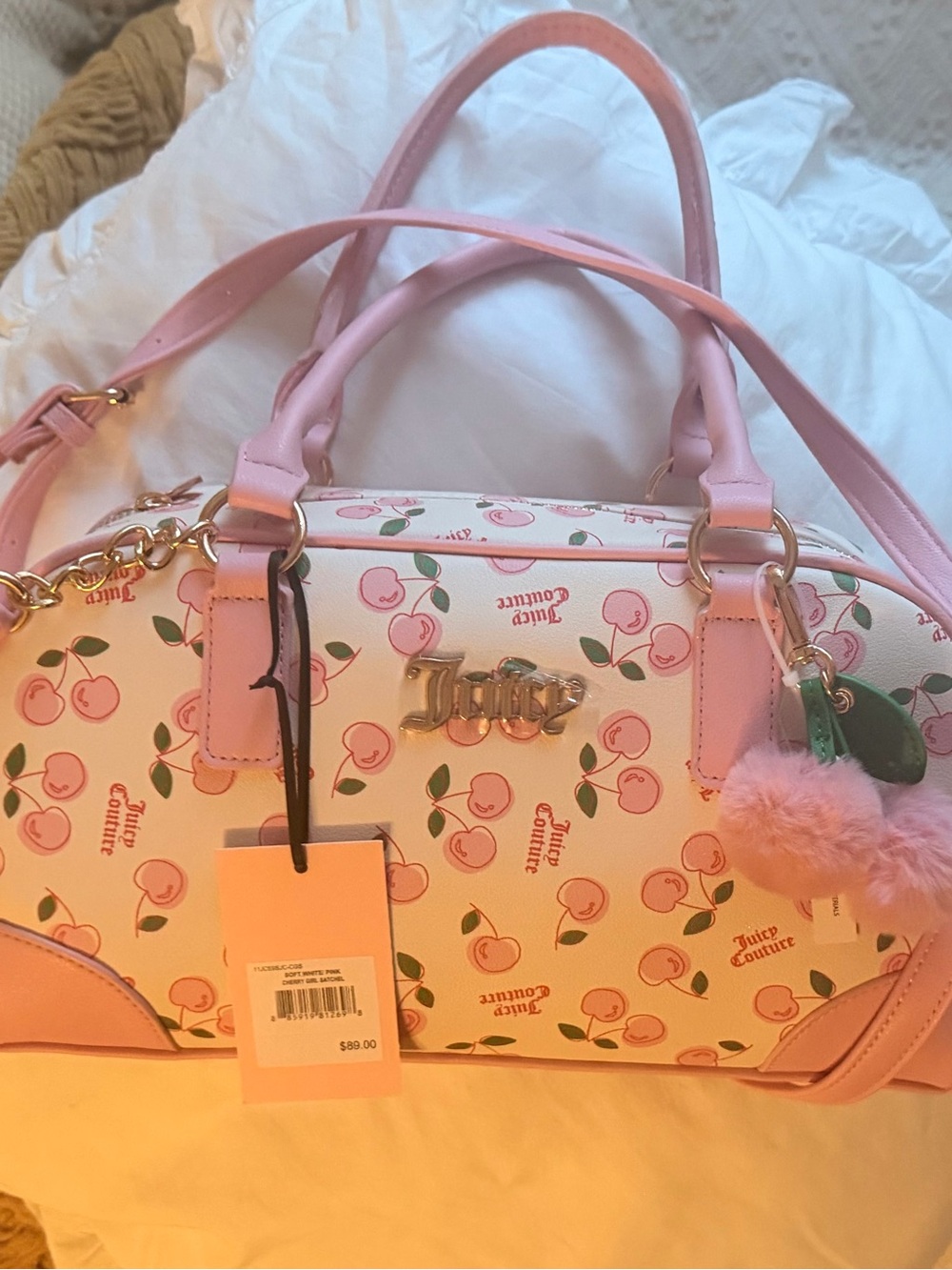 Juicy Couture Pink Cherry-Print Satchel with Pom Key Charm